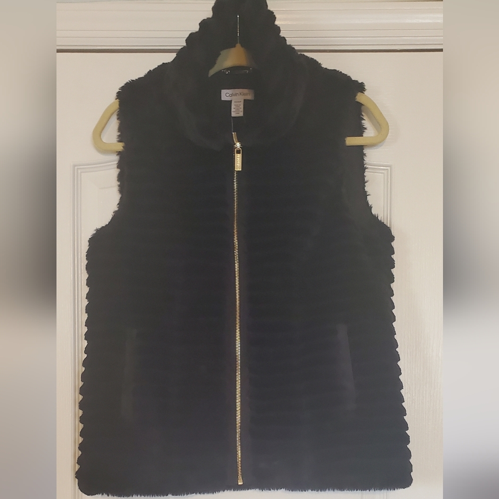 Calvin Klein Black Faux Fur Zip Vest with Gold Hardware